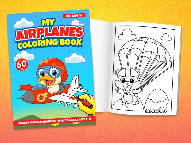 Airplane coloring book front cover showing a duck flying a red fighter jet and a cute bunny and bear in a hot air balloon