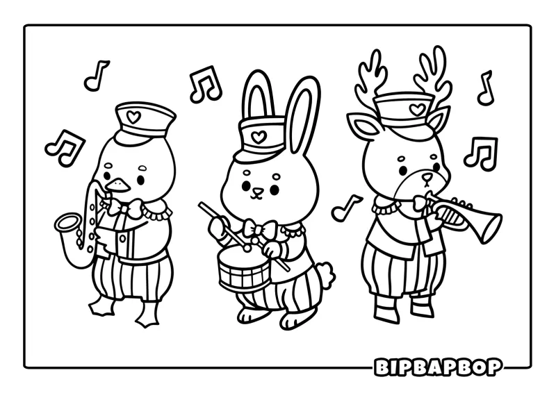 An animal marching band — a duck with a saxophone, a rabbit with a drum, a deer with a trumpet