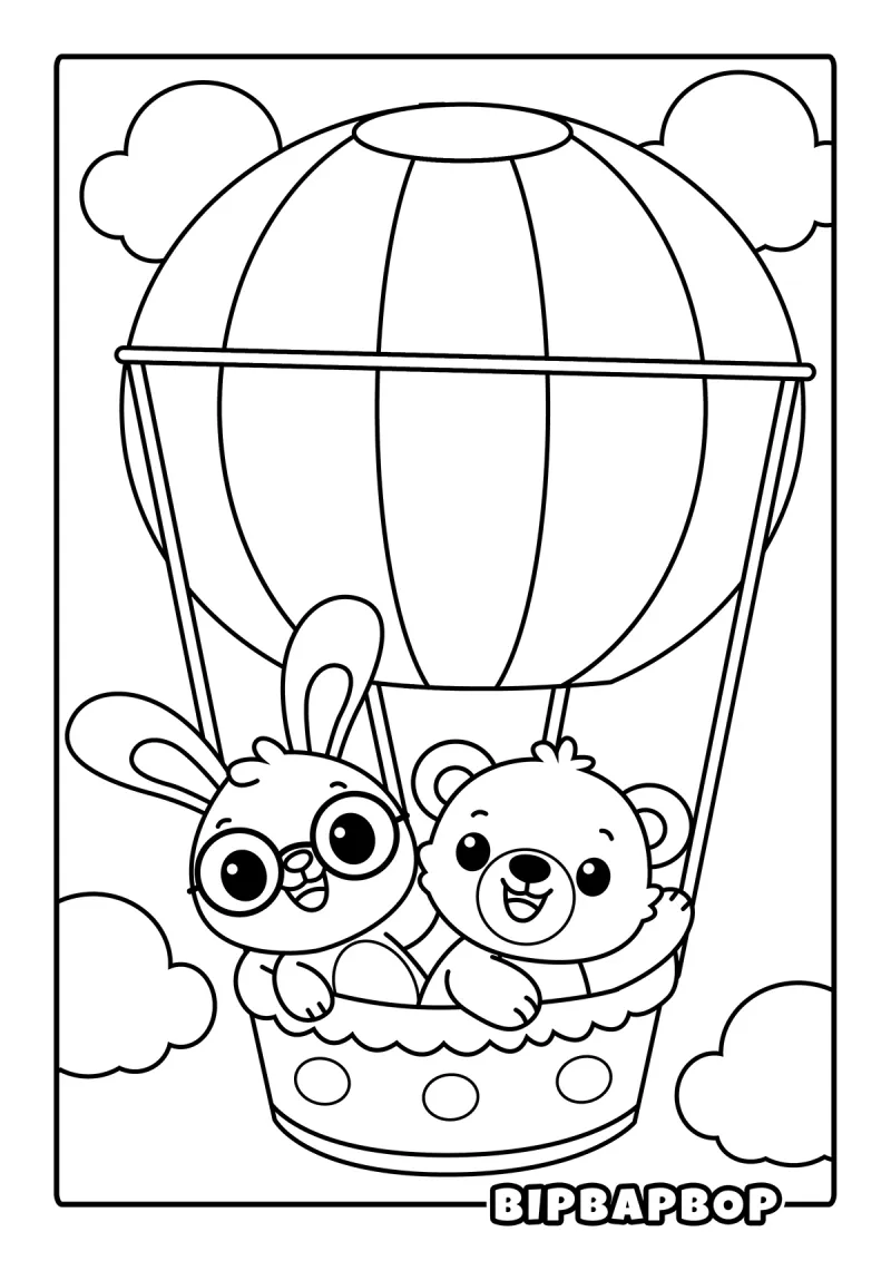 A cute bunny and bear inside a hot air balloon