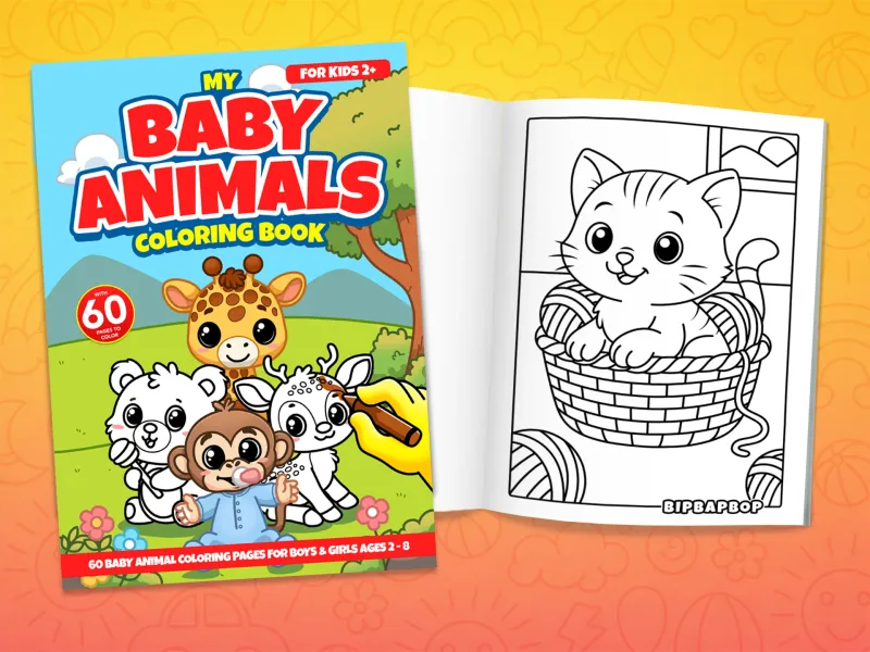 Baby animals coloring book front cover showing a baby monkey, giraffe, deer and bear and an internal page with a kitten in a knitting basket