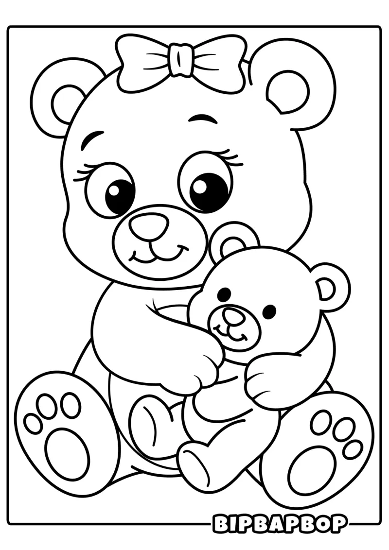 A baby bear snuggling a teddy bear