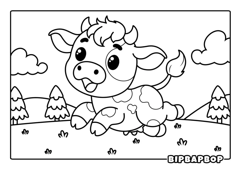 A baby cow jumping in a field