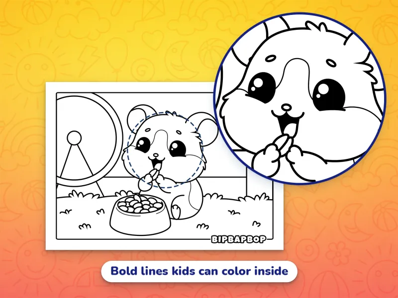A close up of a baby gerbil eating grains demonstrating the bold designs which help kids color inside the lines