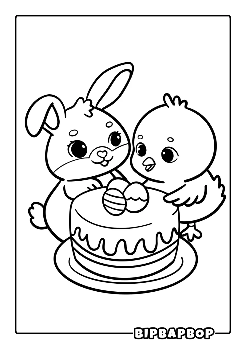 A baby rabbit and chick next to an Easter cake
