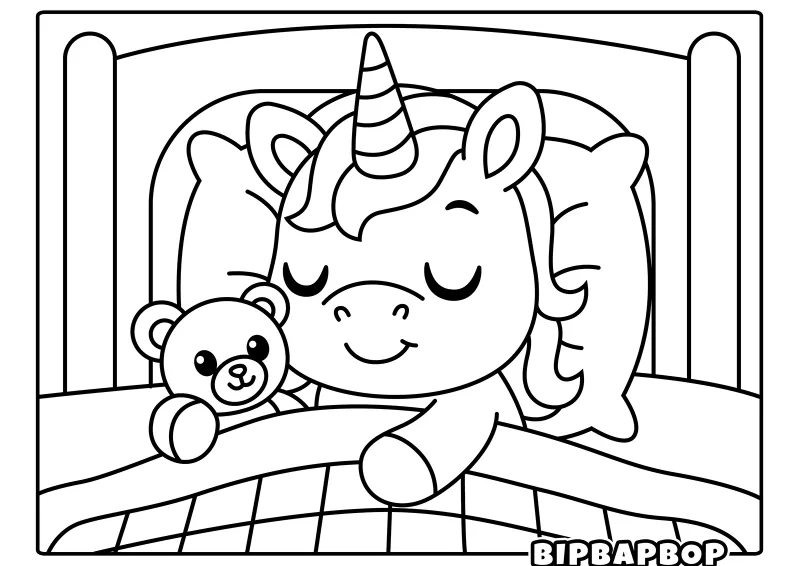 A baby unicorn and its teddy bear fast asleep in bed