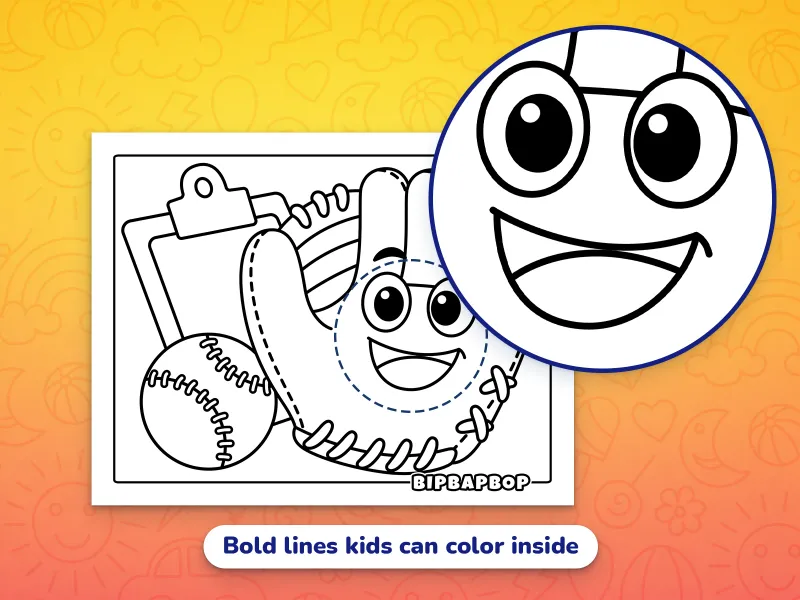 A close up of a smiling baseball glove demonstrating the bold lines that kids can color inside