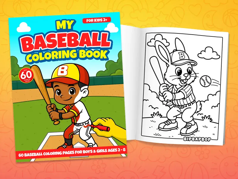 Baseball coloring book front cover showing batter at the plate and an internal page with a rabbit batter
