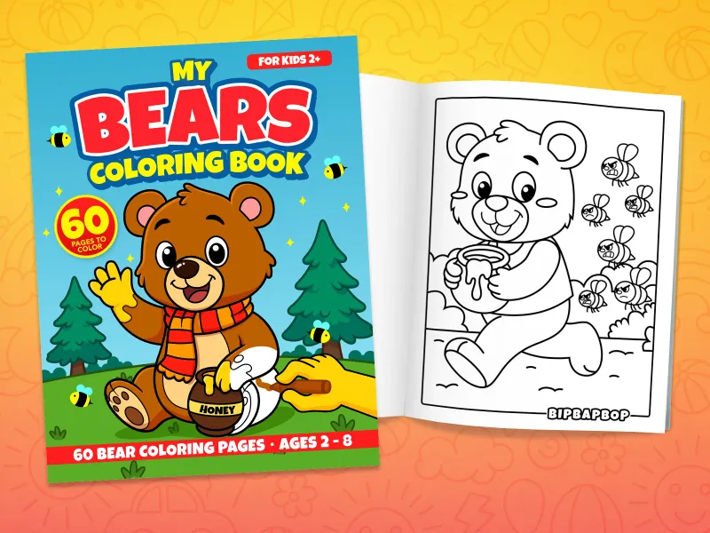 Bear coloring book front cover showing a bear sitting by a pot of honey and an internal page with a bear carrying a honeypot running from angry bees