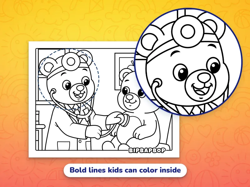 A close up of a bear doctor treating a patient, demonstrating the bold lines that kids can color inside
