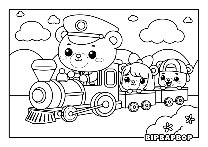 A bear driving a train