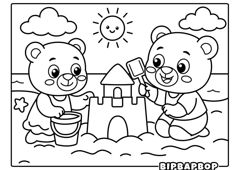 Two bears sitting at the beach building a sandcastle