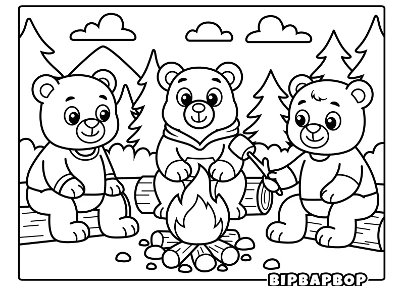 Bears toasting marshmallows around a campfire