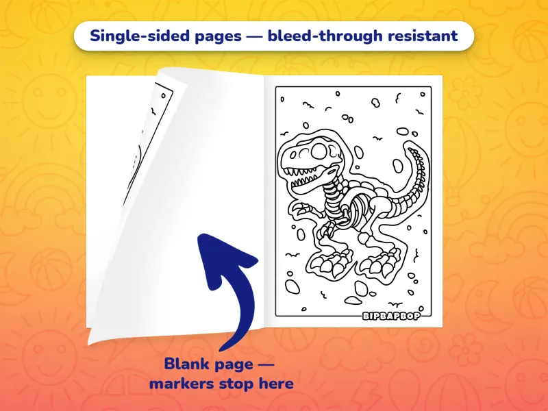 The dinosaur coloring book open with a T-rex fossil to color on the right and a blank page on the left to prevent bleed-through from markers