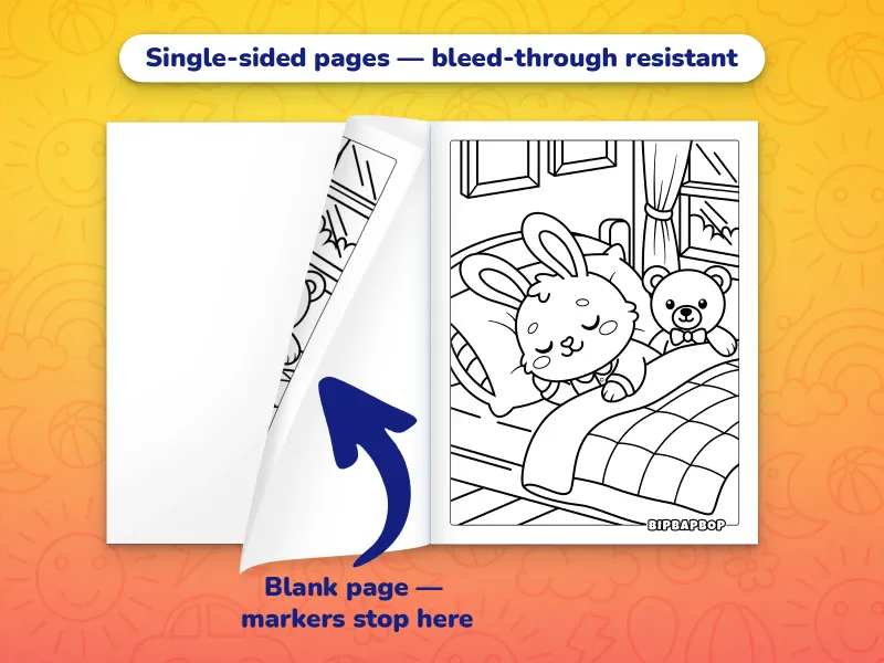 The bunny coloring book open with a bunny sleeping in bed with its teddy bear to color on the right and a blank page on the left to prevent bleed-through from markers