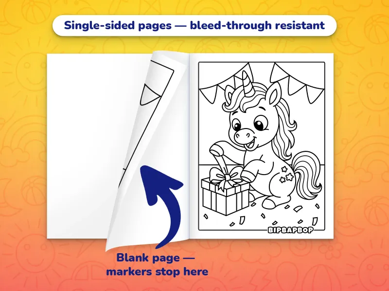 The unicorn coloring book open with a unicorn unwrapping a present to color on the right and a blank page on the left to prevent bleed-through from markers