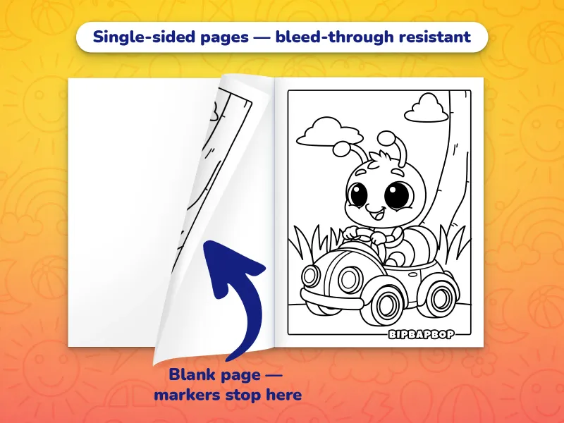 The vehicle coloring book open with an ant driving a car through the woods to color on the right and a blank page on the left to prevent bleed-through from markers