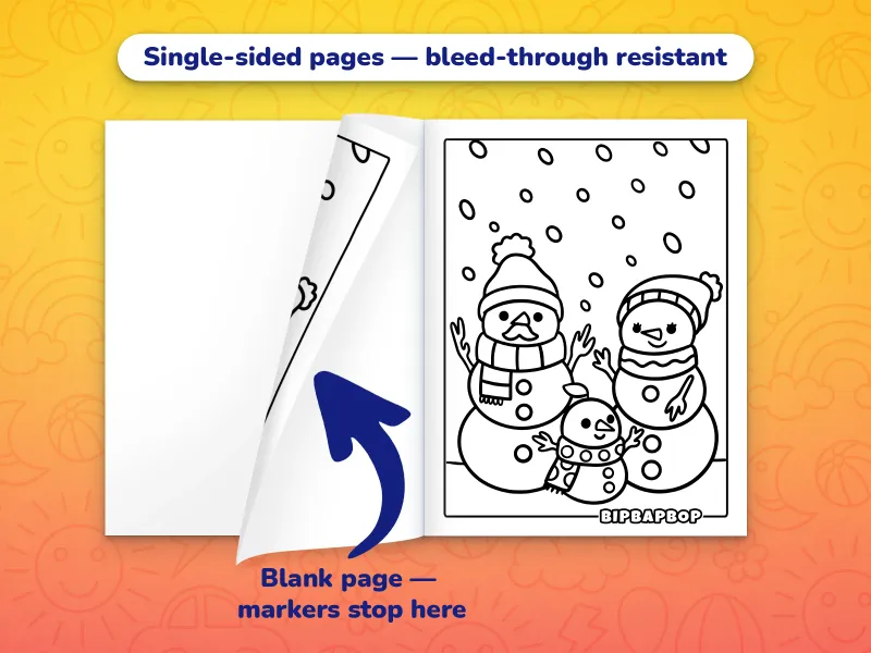 The winter coloring book open with a family of snow people to color on the right and a blank page on the left to prevent bleed-through from markers