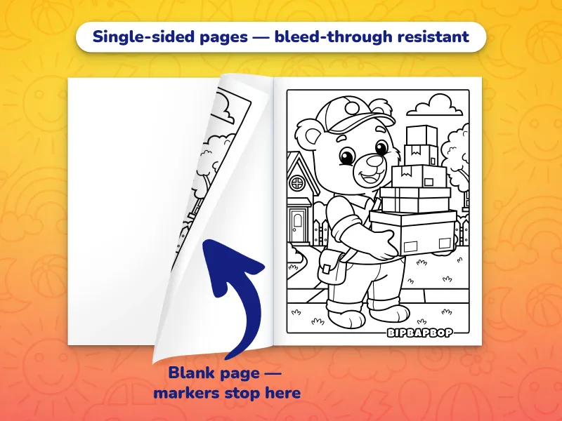 The bear coloring book open with a bear delivery driver to color on the right and a blank page on the left to prevent bleed-through from markers