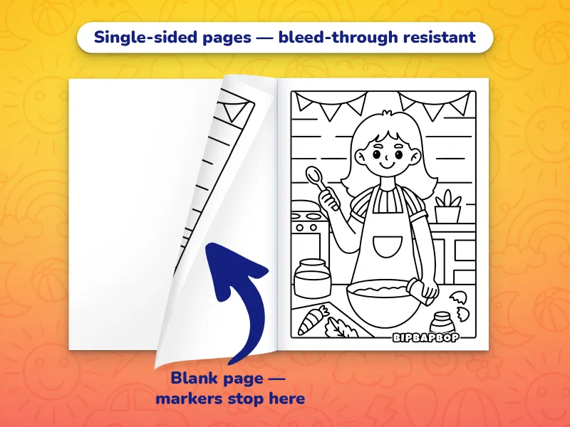 The Mother's Day coloring book open with Mom in the kitchen to color on the right and a blank page on the left to prevent bleed-through from markers