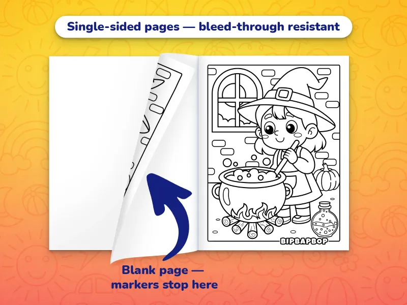 The Halloween coloring book open with a young witch making a potion to color on the right and a blank page on the left to prevent bleed-through from markers