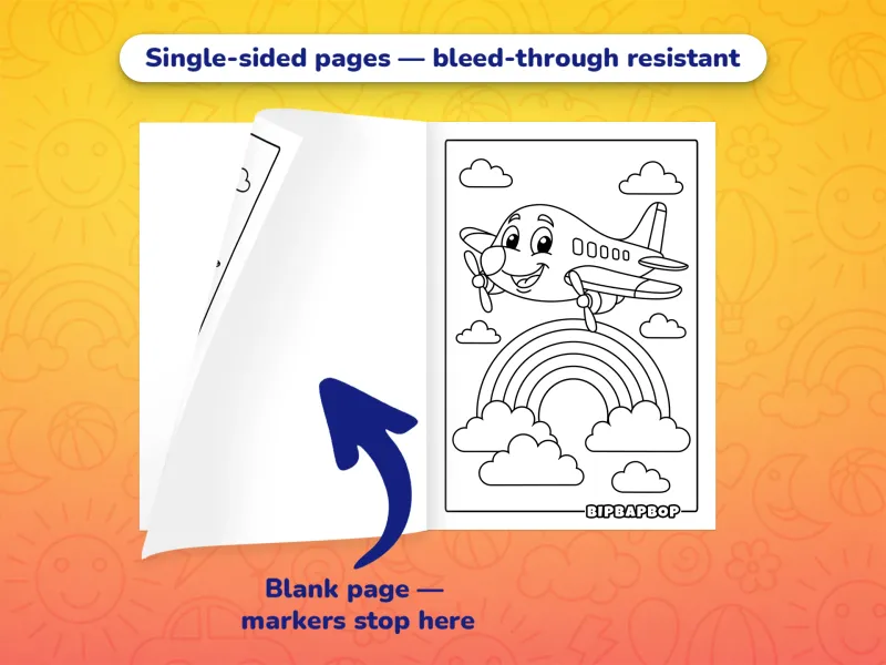 The aircraft coloring book open with a fun aircraft to color on the right and a blank page on the left to prevent bleed-through from markers