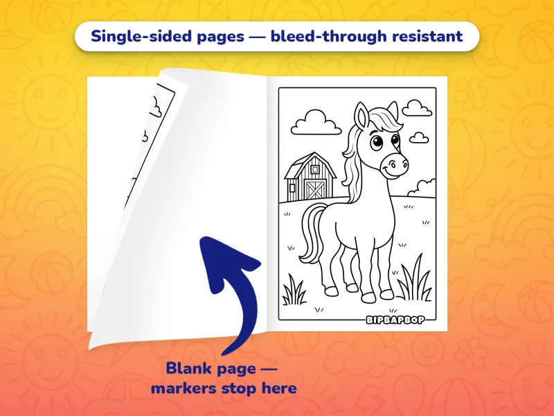 The farm animal coloring book open with a horse to color on the right and a blank page on the left to prevent bleed-through from markers