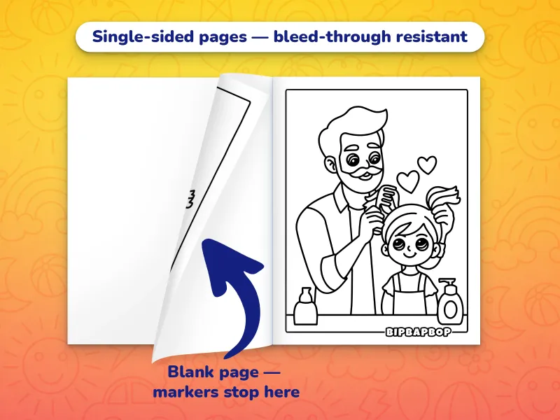 The Father's Day coloring book open with Dad playing with his daughter's hair to color on the right and a blank page on the left to prevent bleed-through from markers