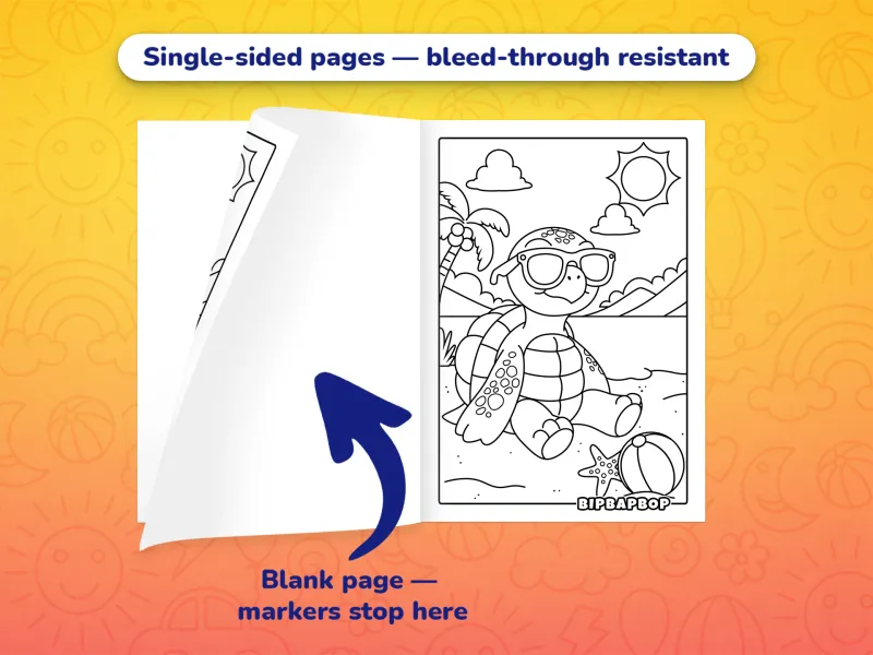 The ocean animals coloring book open with a turtle in sunglasses to color on the right and a blank page on the left to prevent bleed-through from markers