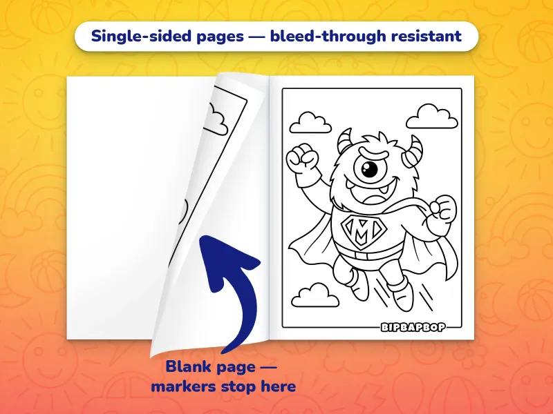 The monsters coloring book open with a superhero monster in a cape to color on the right and a blank page on the left to prevent bleed-through from markers