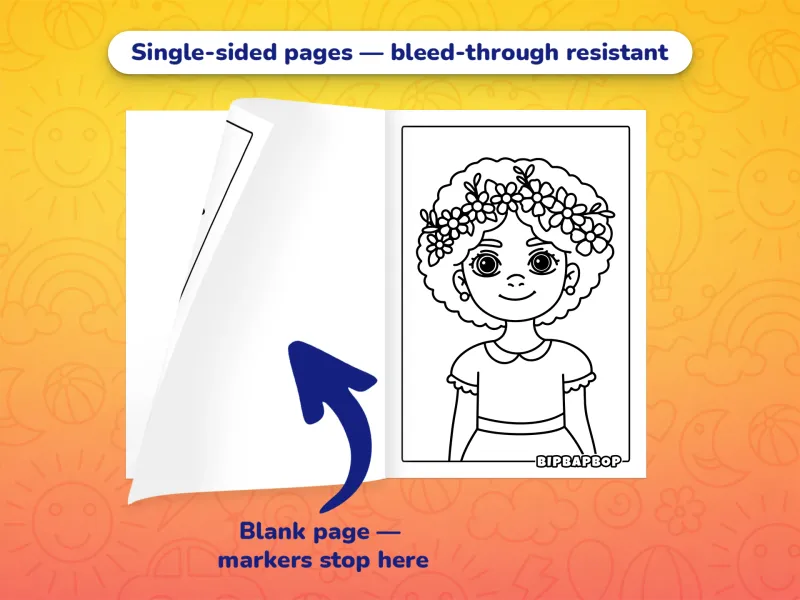 The spring coloring book open with a girl with flowers woven into her hair to color on the right and a blank page on the left to prevent bleed-through from markers