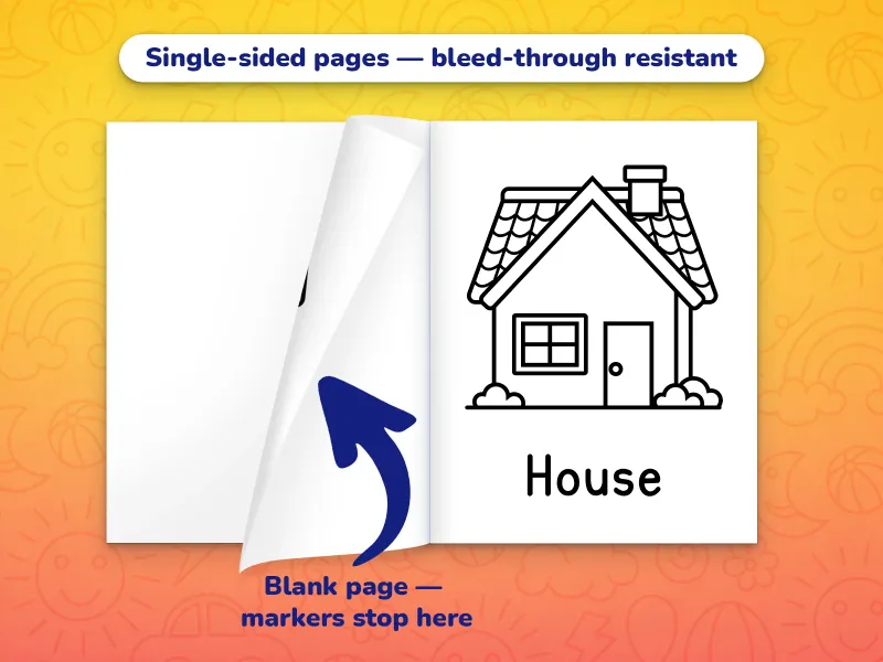 The first words coloring book open with a house to color on the right and a blank page on the left to prevent bleed-through from markers