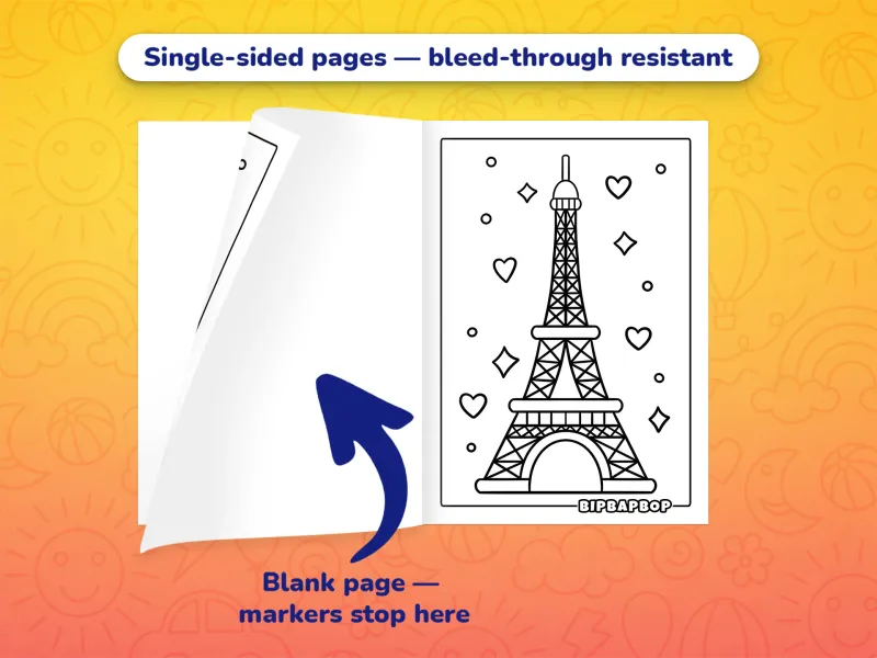 The valentines coloring book open with a picture of the Eiffel Tower to color on the right and a blank page on the left to prevent bleed-through from markers