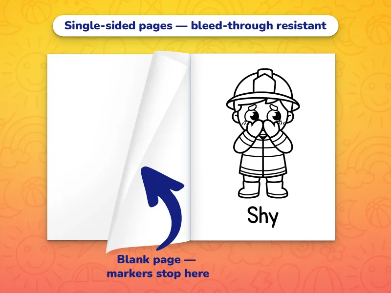 The emotions coloring book open with a shy firefighter to color on the right and a blank page on the left to prevent bleed-through from markers