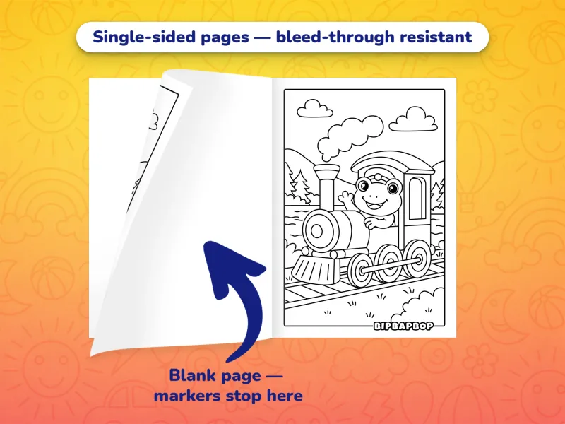 The train coloring book open with a frog driving a steam train to color on the right and a blank page on the left to prevent bleed-through from markers