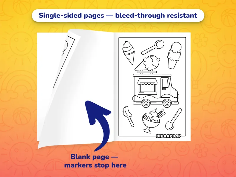 The jumbo boys coloring book open with an ice cream van to color on the right and a blank page on the left to prevent bleed-through from markers