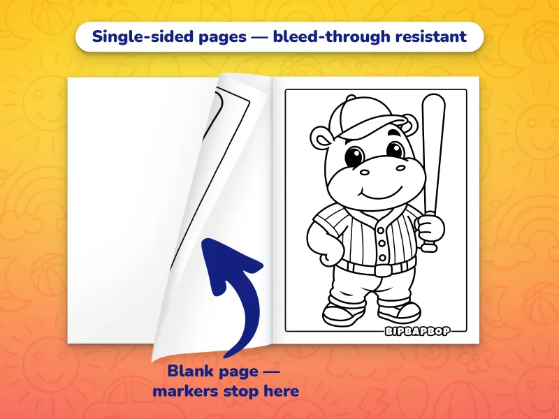 The baseball coloring book open with a hippo batter to color on the right and a blank page on the left to prevent bleed-through from markers