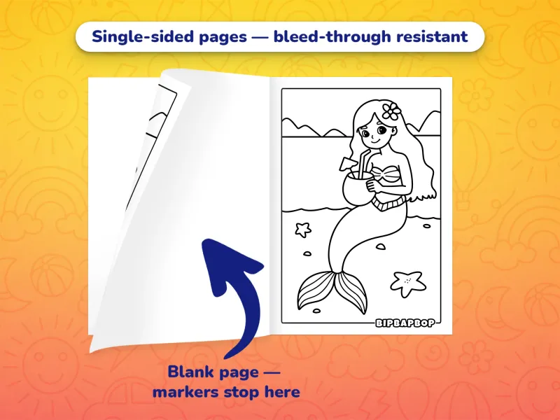The summer coloring book open with a mermaid drinking from a coconut to color on the right and a blank page on the left to prevent bleed-through from markers