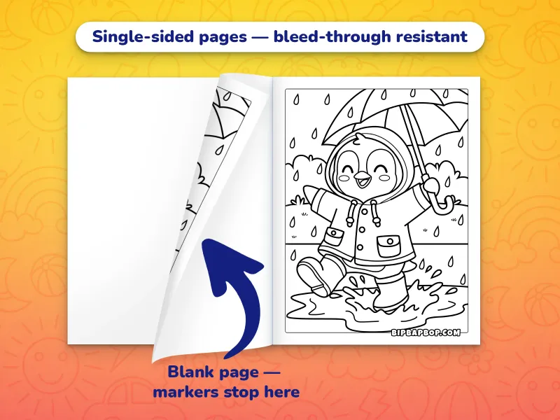 The penguin coloring book open with a penguin in a raincoat splashing through puddles to color on the right and a blank page on the left to prevent bleed-through from markers