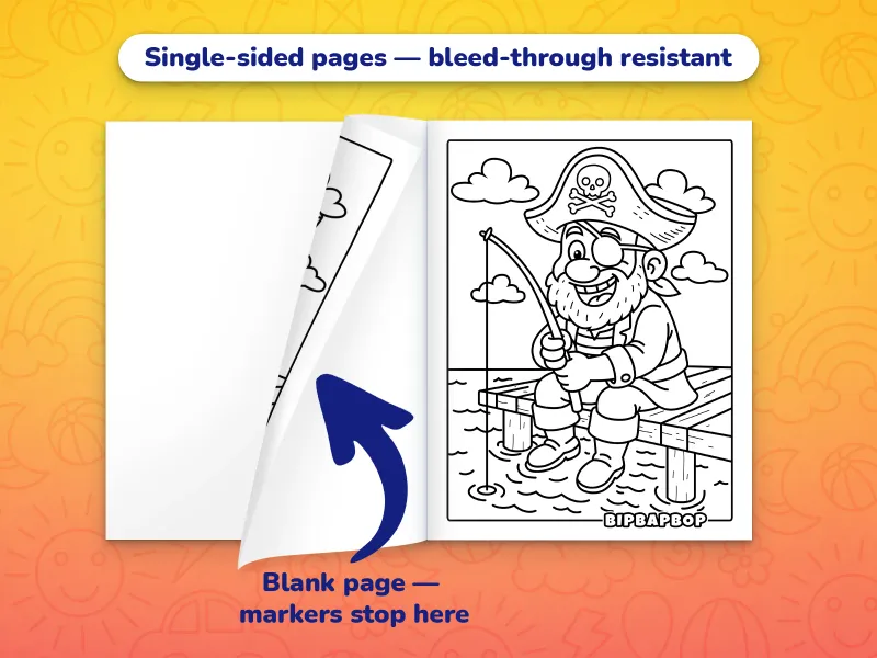 The pirates coloring book open with an old pirate captain sitting on a dock fishing to color on the right and a blank page on the left to prevent bleed-through from markers