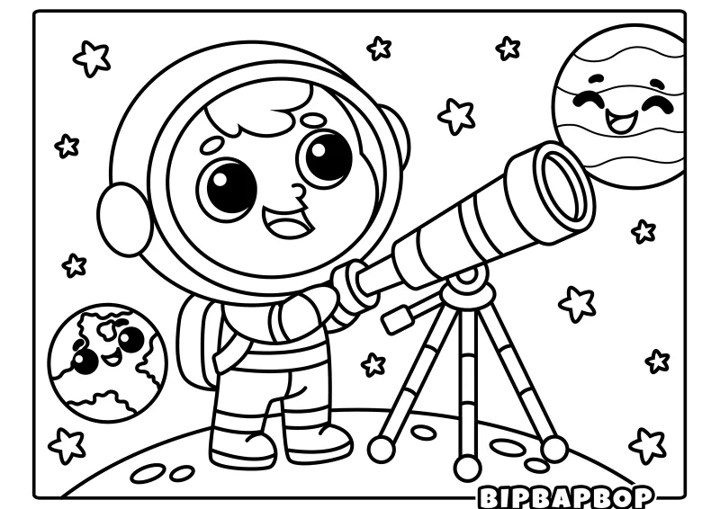 A boy astronaut with a telescope looking into space