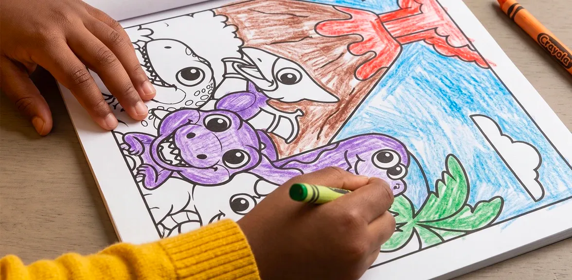 A child coloring a dinosaur page, half of it still black-and-white outlines