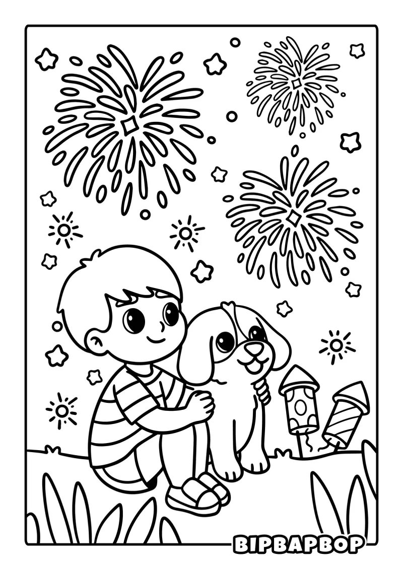 A boy and his dog sitting on the grass looking at 4th July fireworks