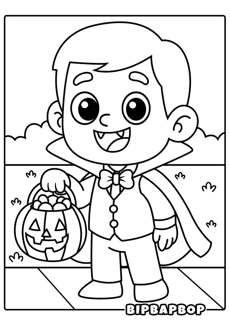 A boy vampire with a pumpkin full of candy