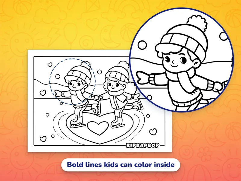 A close up of a boy and girl holding hands as they skate a heart-shape in the ice demonstrating the bold designs which help kids color inside the lines