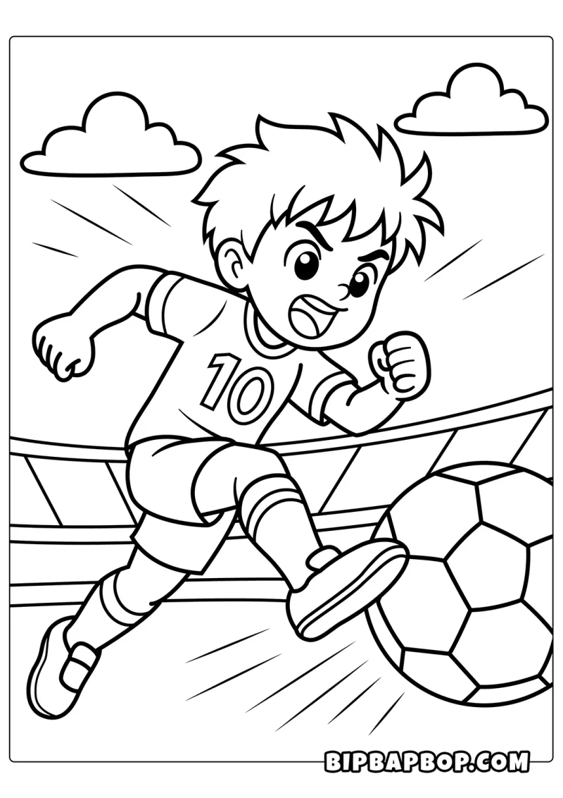 A boy soccer player kicking a ball