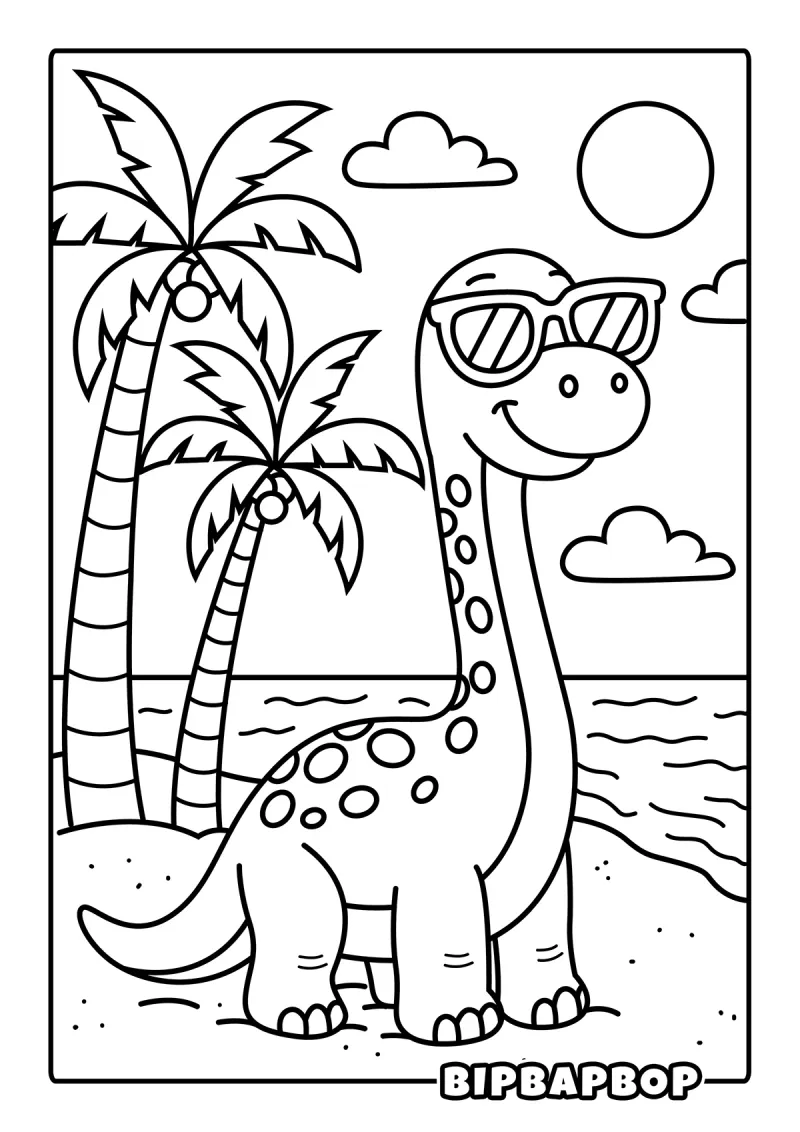 A Brontosaurus in shades at the beach