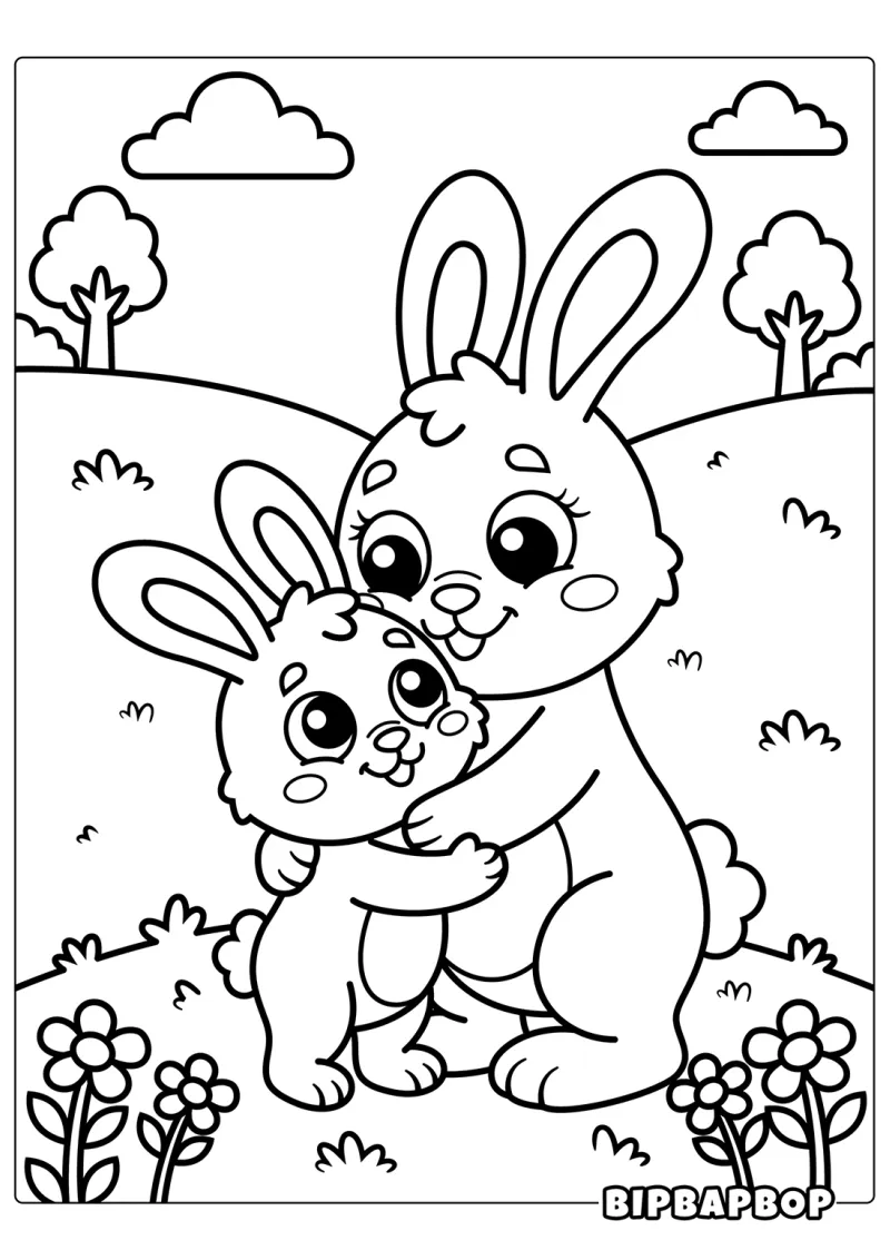 A baby bunny and his mommy hugging