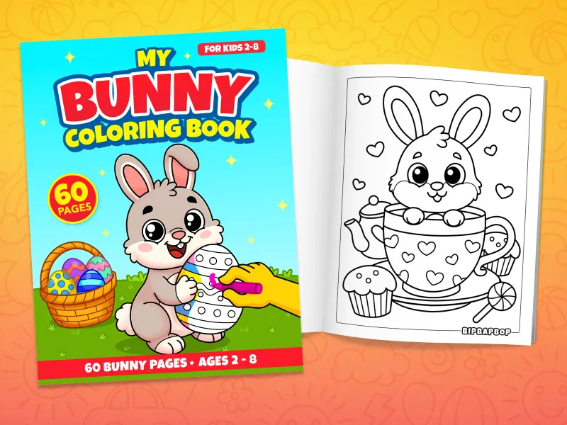 Bunny coloring book front cover showing a bunny with an Easter egg and an internal page with a bunny popping out of a teacup