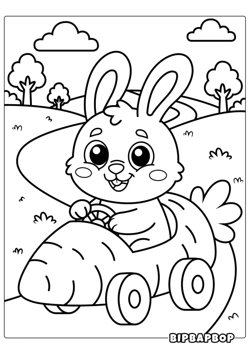 A bunny driving a carrot car