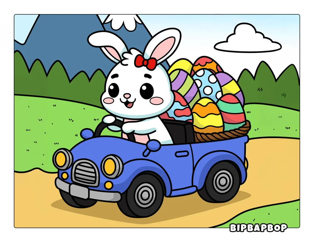 A hand-drawn Bip Bap Bop coloring page of a bunny driving a car